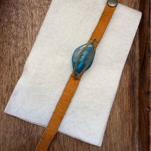 Handmade Blue Stone Wrap Bracelet with Tan Leather